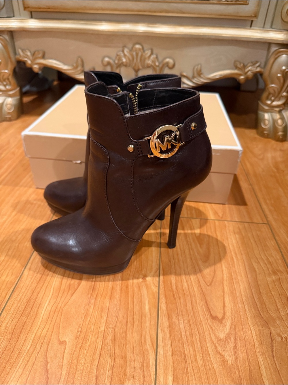 Michael Kors Brown Leather Stiletto Ankle Booties with Gold MK Emblem